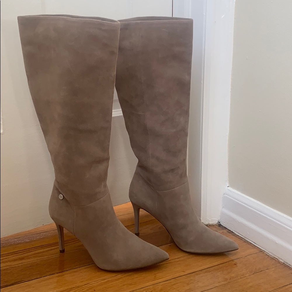 Light tan suede heeled boots